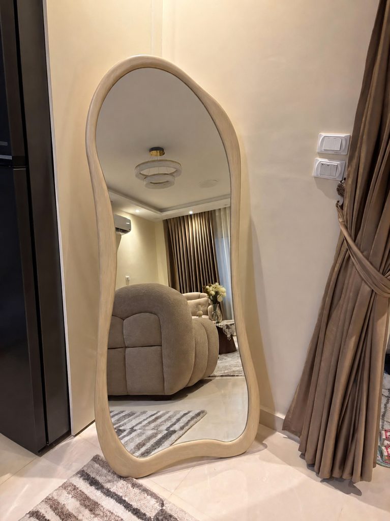 Modern Mirror with Stand - Brown Frame (160×60 cm, Off-White)
