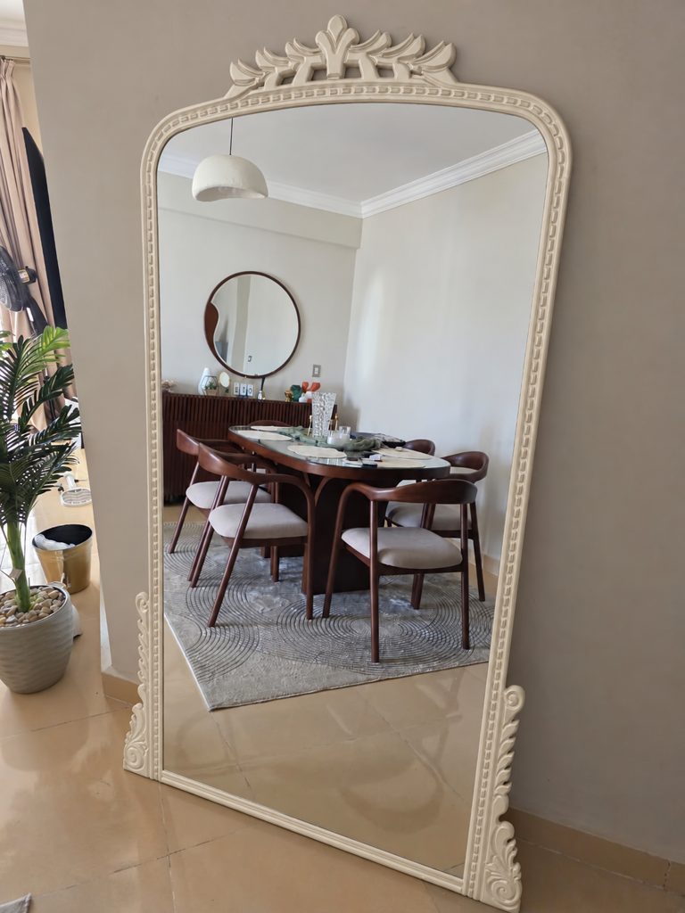 Classic Mirror - Dark Brown Wood Frame (160×60 cm, Off-White)