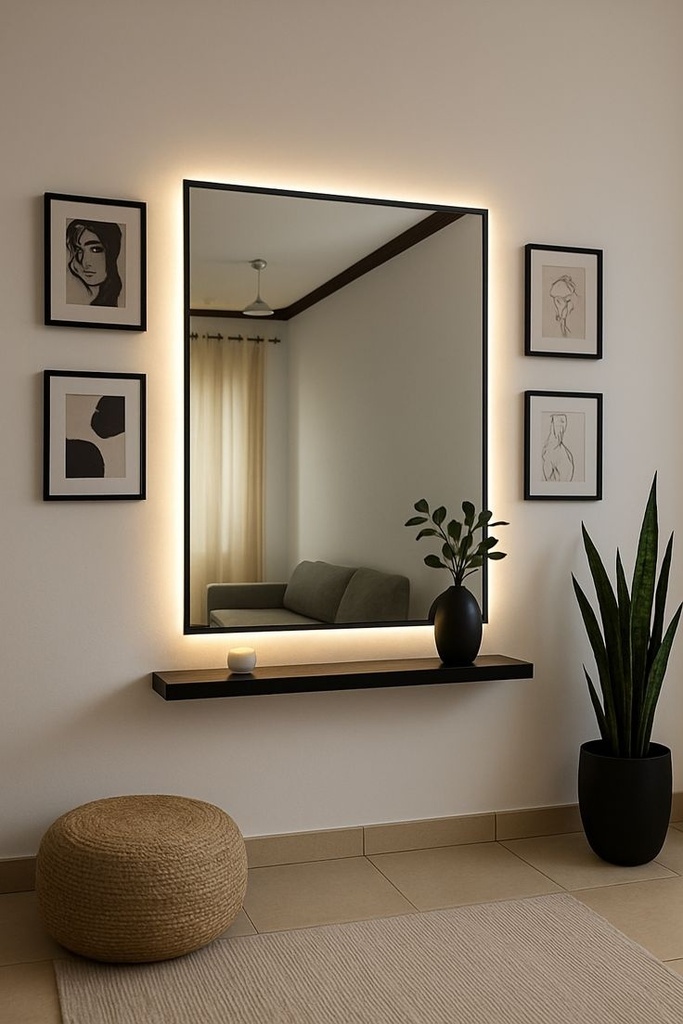 LED Rectangular Mirror - Black Frame & Wooden Shelf (160×60 cm)