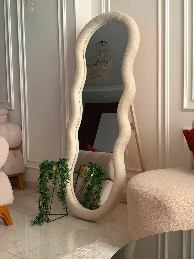 Zigzag Wavy Mirror with Wooden Stand - Panda Fabric Upholstered Frame