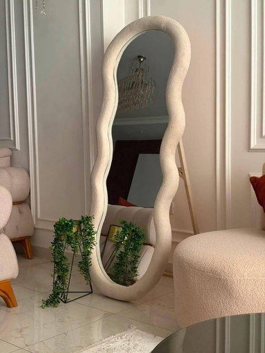 Zigzag Wavy Mirror with Wooden Stand - Panda Fabric Upholstered Frame